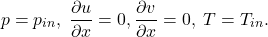 \begin{equation*}p = {p_{in}},\;{{\partial u} \over {\partial x}} = 0,{{\partial v} \over {\partial x}} = 0,\;T = {T_{in}} \text{.}\end{equation*}